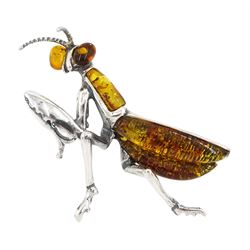 Silver amber grasshopper pendant, stamped 925