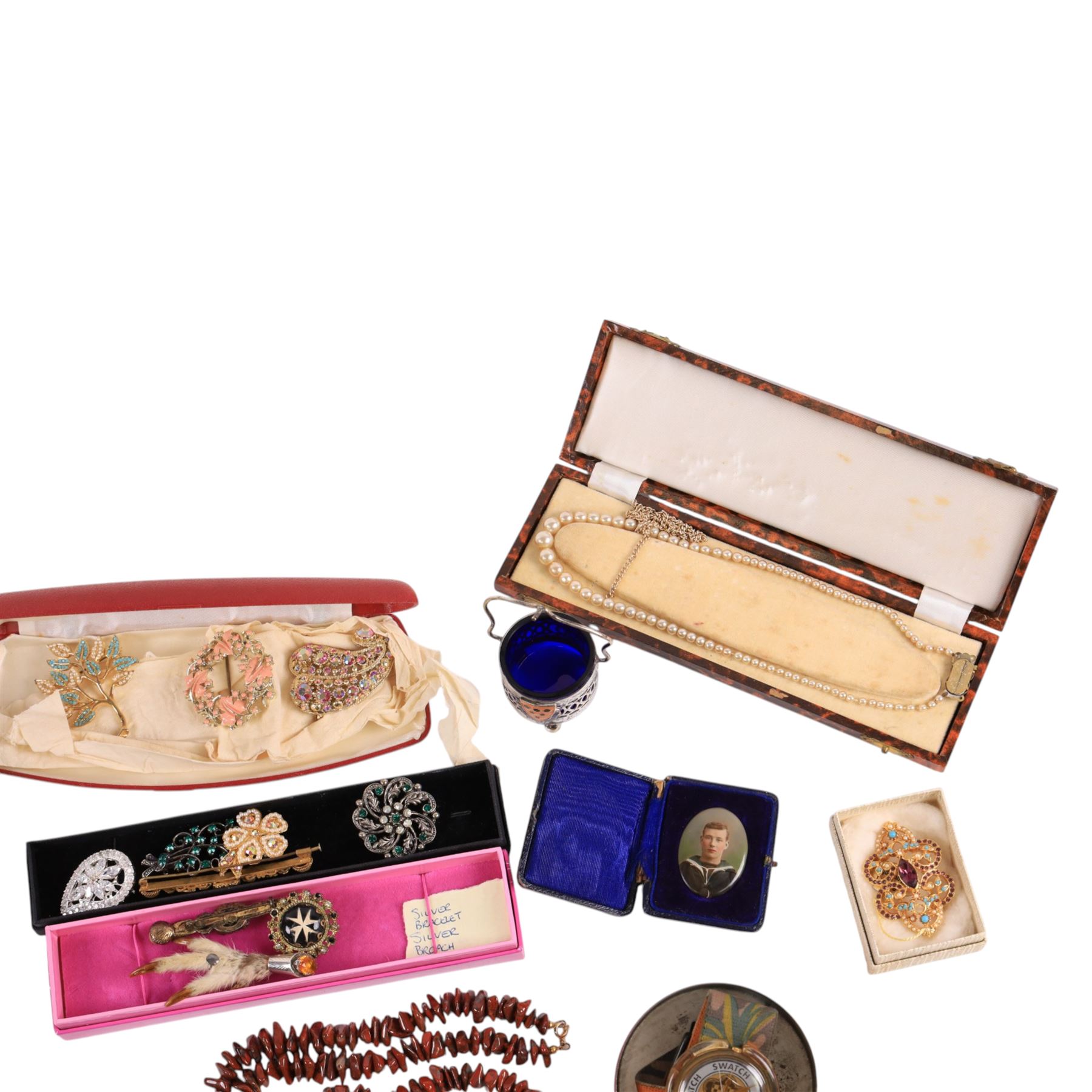 Three silver thimbles, silver jewellery including buckle bangle, charm bracelet, continental 800 pocket watch, pendant, brooch, etc, together with a collection of costume jewellery