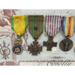 Six WW1 French medals comprising Valor Discipline 1870 3rd Republic Military Medal, Croix De Guerre with star, Croix Du Combattant, Medaille Inter-Alliee De La Victorie, Orient Medal and Medaille Commemorative De La Grande Guerre 1914-18; all with ribbons; mounted, framed and glazed with certificate named to Mr. Gebelin Herve Brigadier au 4th Chassrs. D'Afrique