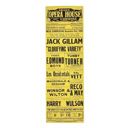 Grand Opera House Scarborough Poster November 4th 1935, black on a yellow ground, printed by E.T.W. Dennis & Sons Ltd, Printing House Square, Scarborough, unframed and rolled 125cm x 50cm