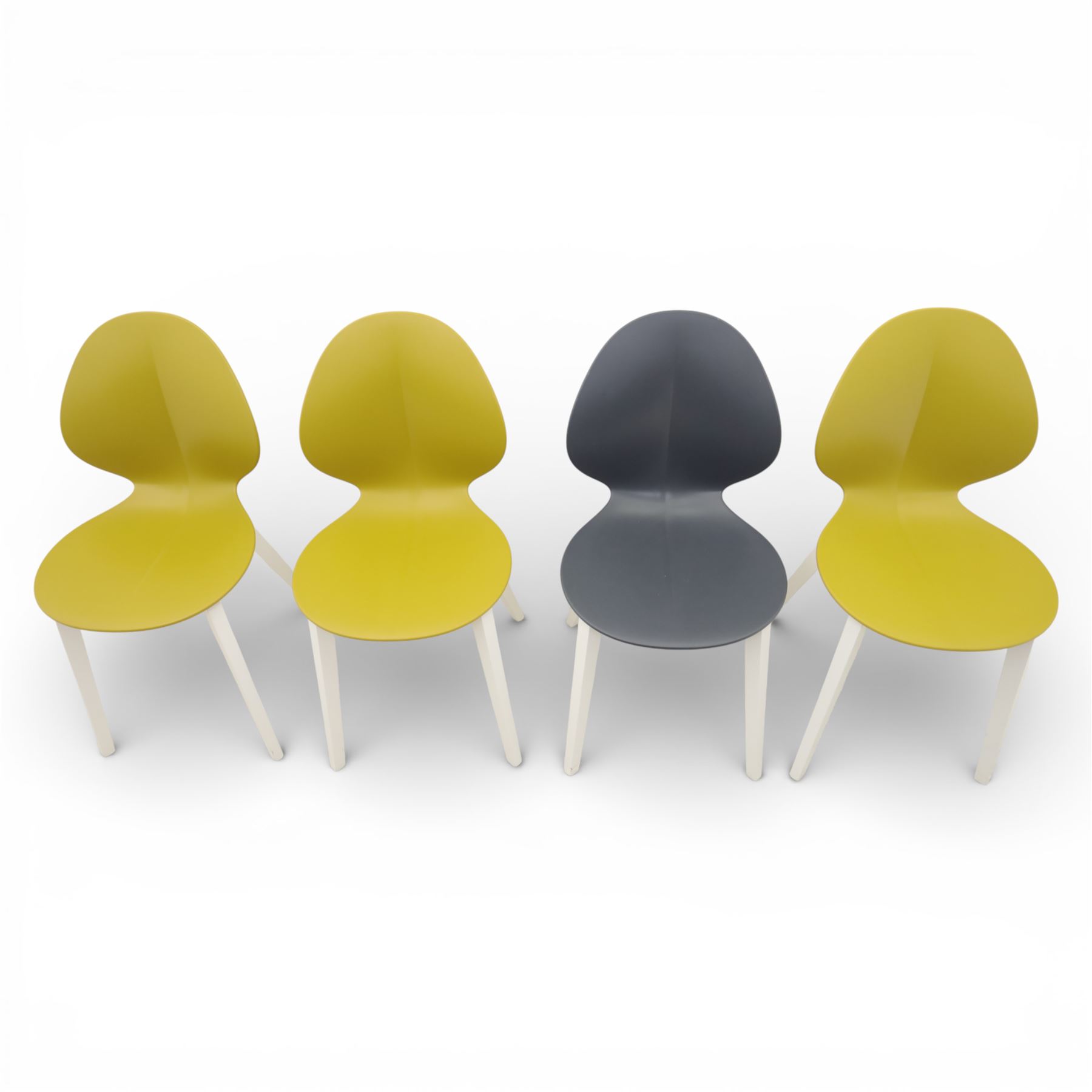 Calligaris - Connubia dining suite, comprising a 'Zeffiro' glass extending dining table and eight 'Academy' chairs, rectangular clear glass top with twin extension leaves extending to 220cm, mounted on white and ochre metal supports with central stretcher, together with eight matching moulded dining chairs with shaped seats and tapered legs