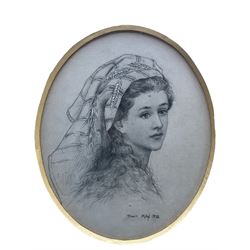 By and After Frank Miles (British 1852-1891): 'Ruth' Oval Head and Shoulders Portrait of a Girl with Wheat in Her Hair, 19th century embellished print 28cm x 23cm
Notes: Frank Miles was in the circle of Oscar Wilde and predominately painted attractive society ladies, notably Lillie Langtry
