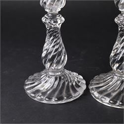 Pair of Baccarat Bambous glass candlesticks, with wrythen moulding, marked beneath, H19cm