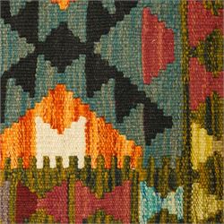 Afghan Chobi kilim flatweave runner rug, the central field decorated with geometric lozenge motifs on a teal ground, the olive guard band with repeating triangular motifs in contrasting colours