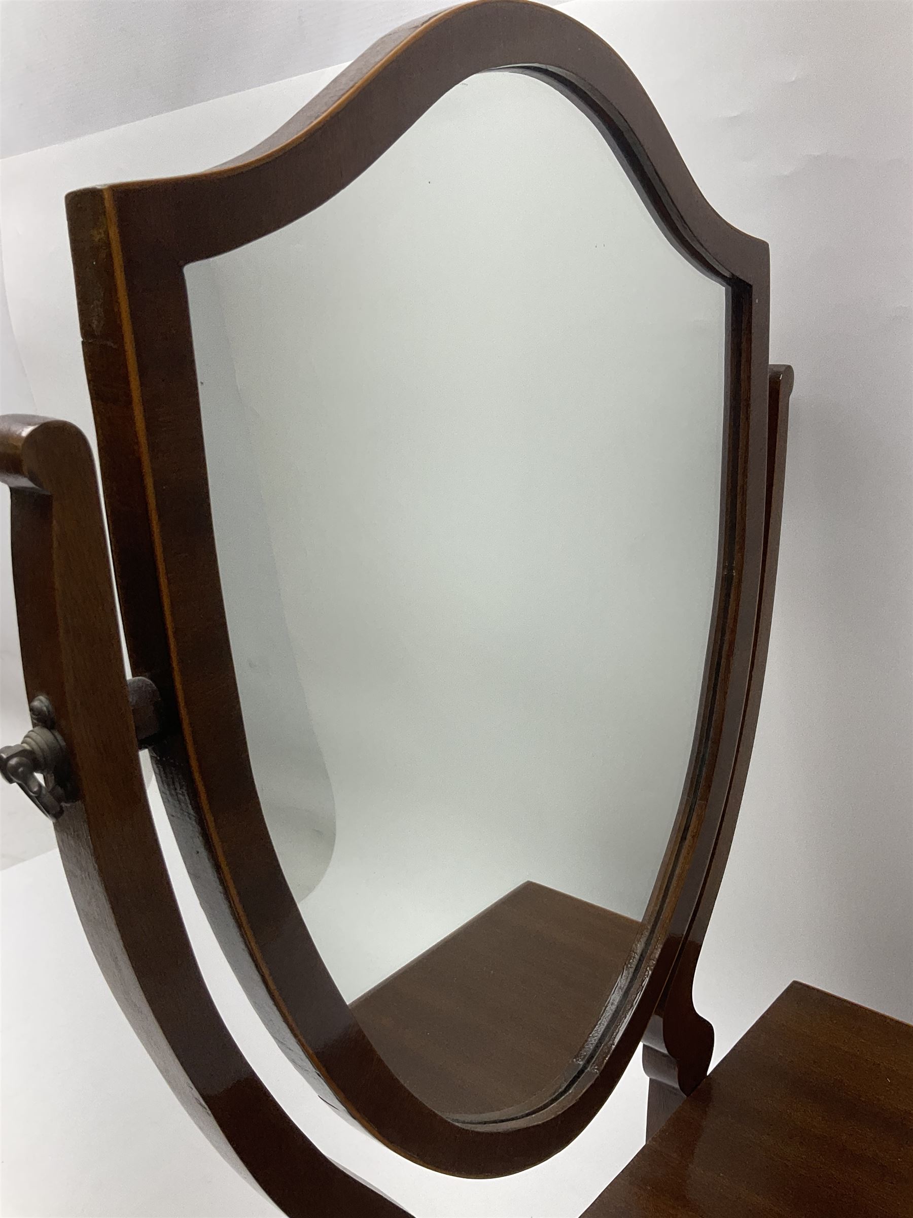 19th century inlaid mahogany dressing table mirror, with three drawers to base, H58cm