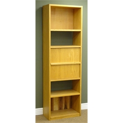  Oak finish bookcase/workstation, four open shelves, fall front enclosing fitted interior, W60cm, H192cm, D33cm  