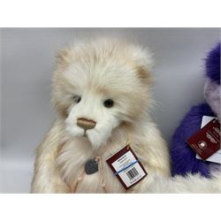 Seven Charlie Bears, comprising two limited edition examples, Parma Violet CB191963, designed by Isabelle Lee, limited to 3000, and Mary CB205250O, limited to 1000, plus Anniversary Carol CB151562, Olien CB171790, Dilly CB124946, Willamena CB202037A, and Kay CB191957B, each designed by Isabelle Lee, all with tags