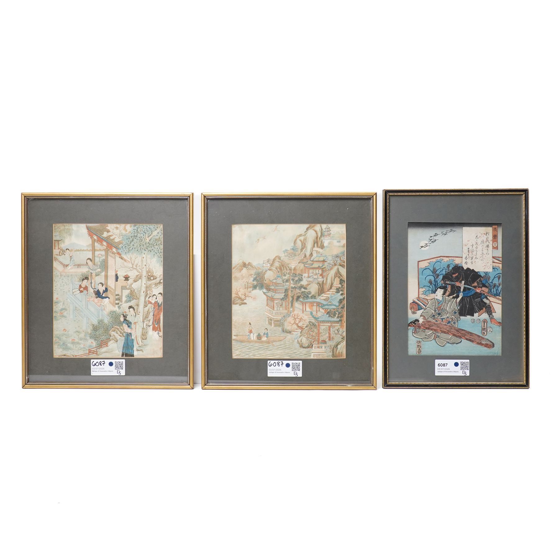 Pair of Chinese silk paintings after scenes from The Story of the Stone/Dream of the Red Chamber, 25cm x 21cm; and a Japanese woodblock print after Utagawa Kinisada, 25cm x 17cm (3)