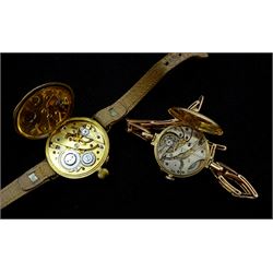 Early 20th century Swiss 9ct rose gold ladies wristwatch, London import marks 1919, on rose gold expanding strap, stamped 9ct and a gold wristwatch, stamped 14c, on leather strap (2)