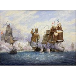 R J Wakefield (British 20th century): 'Battle of Trafalgar 21st October 1805', oil on board signed, labelled verso 45cm x 60cm
