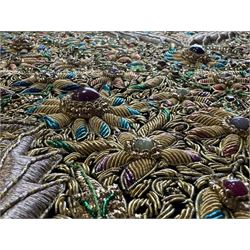 20th century large Zardozi wall hanging, hand embroidered in gold thread on black velvet ground with semi-precious stones and central medallion  149x93cm