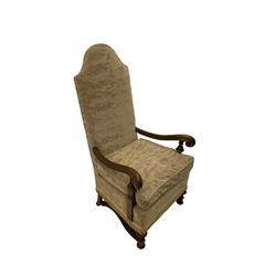 18th century design Continental walnut framed armchair, high shaped back, scroll arms