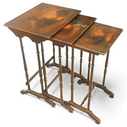 Early 20th century painted nest of three occasional tables, graduated rectangular tops dec...