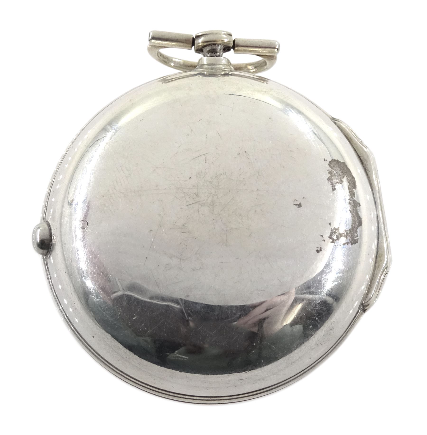 18th century silver pair cased verge fusee pocket watch by Alexander Hare (London ca.1781-1824), No. 200, square baluster pillars, pierced and engraved balance cock, white enamel dial with Roman hours and outer Arabic minute ring, beetle and poker hands, case makers mark G H, London 1770, with a fabric watchpaper embroidered with map of Europe