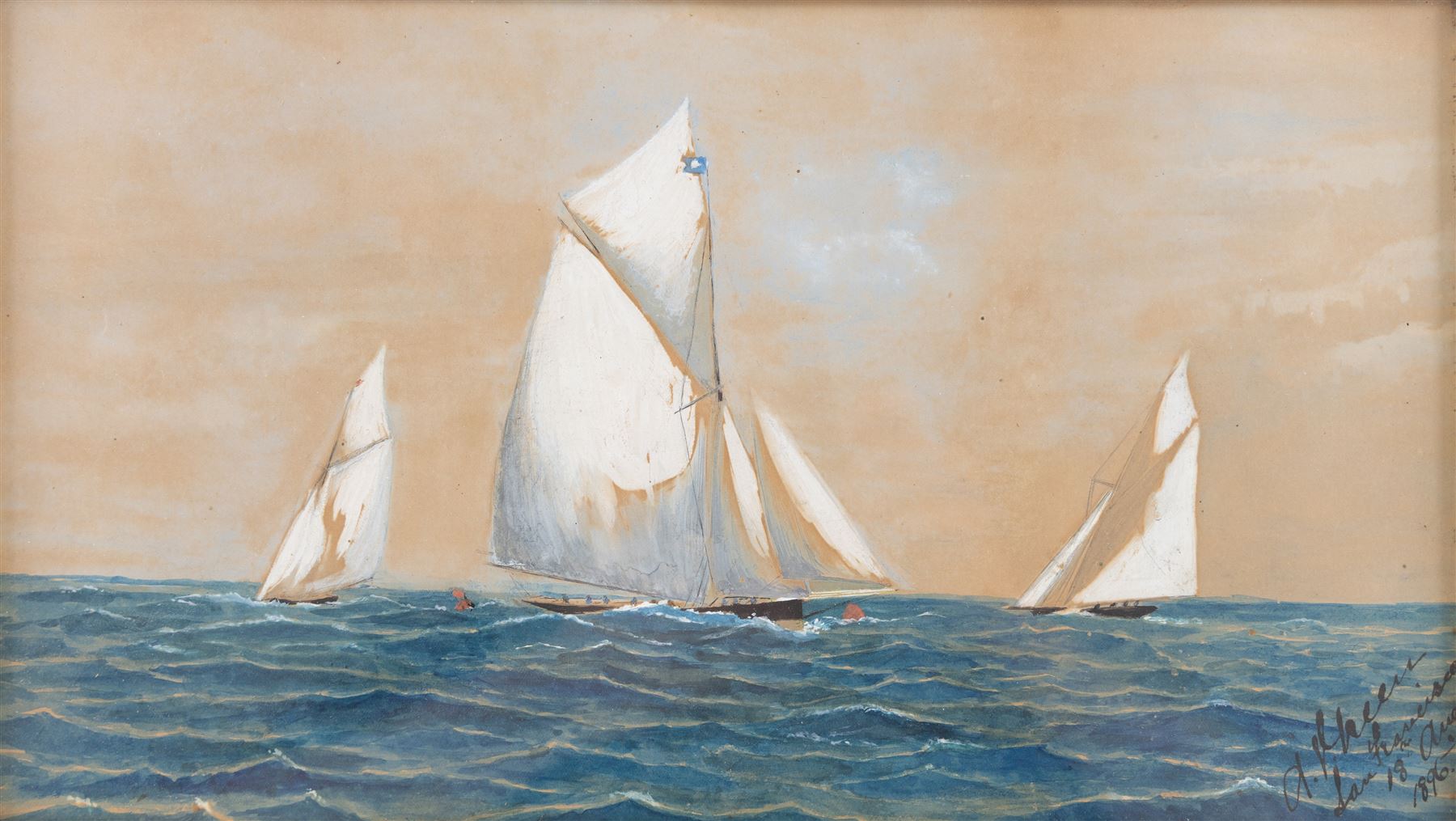 American School (19th century): Racing Yachts, watercolour and gouache indistinctly signed and dated San Francisco 18th August 1896, 22cm x 38cm
English School (19th century): 'Mr Green's Ship 'Agamemnon' with Troops for India 1857, watercolour unsigned 16cm x 24cm (2)