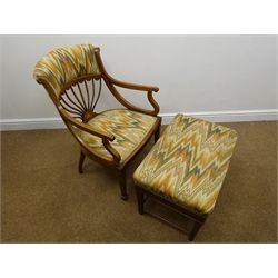  Edwardian inlaid armchair with shaped splat, upholstered cresting rail and seat, square tapering supports, spade feet (W57cm) and a matching stool (2)  