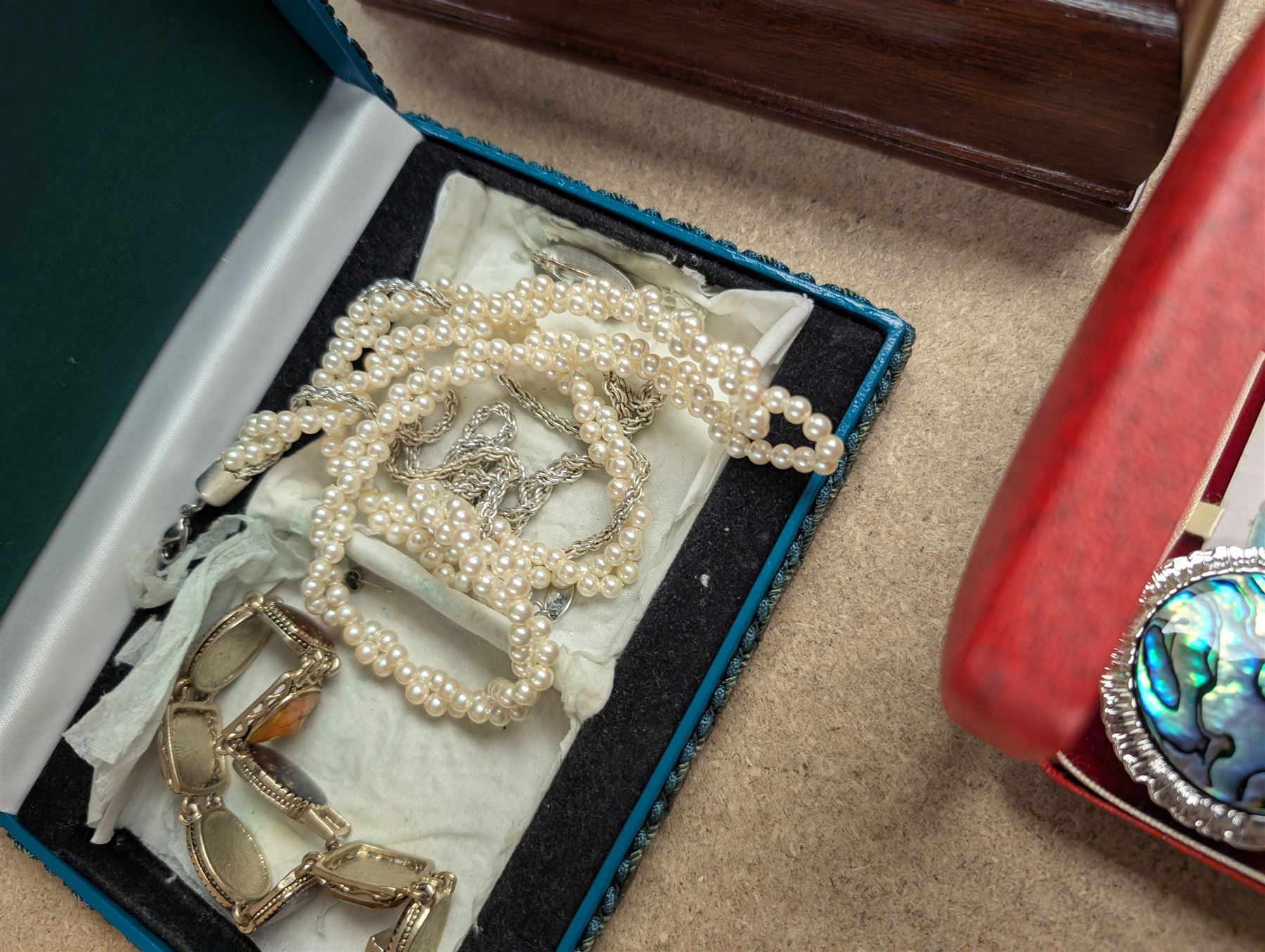 Silver marcasite wristwatch and a large collection of costume jewellery, including beaded necklaces, wristwatches, etc, 