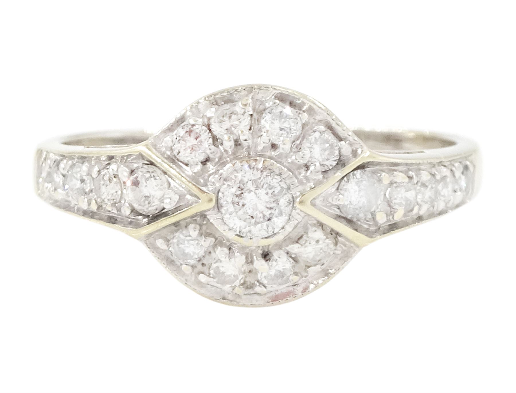 18ct gold diamond cluster ring, milgrain set with round brilliant cut diamonds and diamond set shoulders, Sheffield 2004, total diamond weight 0.50 carat