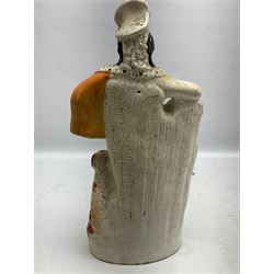 Group of Victorian and later Staffordshire style figures, to include two dogs, Prince upon horse back, horse with pink lustre patches, tall figure of a man beside his dog etc, tallest H41cm