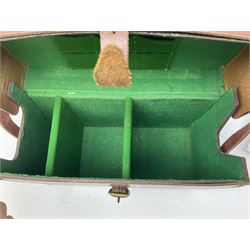 Post-WW2 stitched leather carrying case for an Exploder Dynamo-Condenser Mk.1 with baize lined fitted interior and carrying strap dated 1956 L28cm