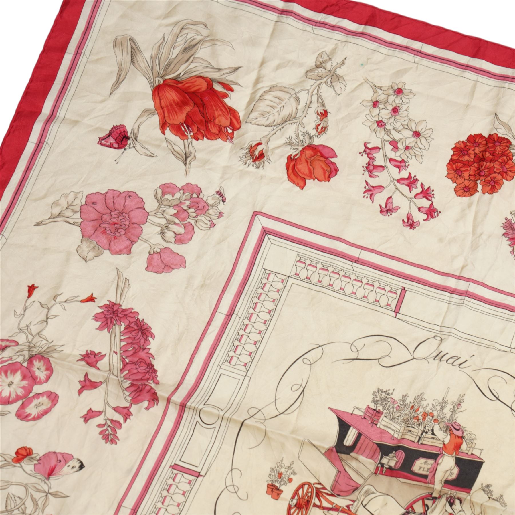 Hermes 'Quai aux Fleurs' silk scarf, in pink and cream colourway, designed by Hugo Grygker, 86cm x 89cm
