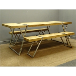  Industrial style rectangular pine dining table on angular polished metal supports (202cm x 90cm, H75cm), and pair matching benches  