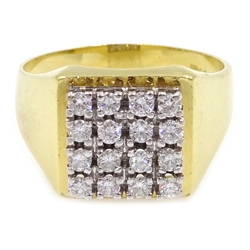  Gentleman's 18ct gold square panel ring, set with sixteen round brilliant cut diamonds, hallmarked    