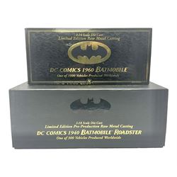 Two Corgi DC Comics die-cast Batmobiles comprising 1:18 scale die-cast Limited Edition Pre-Production Raw Metal Casting 1940 Batmobile Roadster no. 184/300, and 1:24 scale die-cast Limited Edition Raw Metal Casting 1960 Batmobile no. 858/1000, both with original boxes and certificates of authenticity 