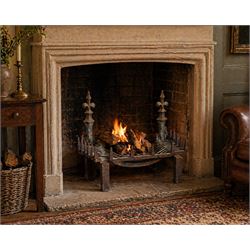 Victorian design cast iron fire grate with fire dogs, final over floral moulding and trefoil base