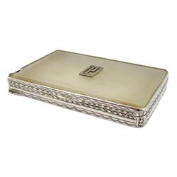 Art Deco silver and marcasite rectangular card case, the hinged cover inset with frosted moulded glass with applied silver marcasite letter 'P', London 1933, retailed by Asprey London and a silver and enamel compact, engine turned decoration with the 'The Essex Regiment'  emblem by John William Barrett, Birmingham 1941 (2)