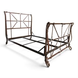 And So To Bed - 'Handel' double bed in the style of Jacques Adnet for Hermes, the metal head and footboards with equestrian tack style leather covering