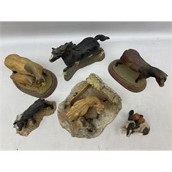 Collection of Border Fine Arts figures, comprising Exmoor Stallion A4058, Highland Mare & Stallion A2691, Welsh Cob A20804, On The Farm A0167, calf figure with bucket and figure group of cow and farmer with cat and kittens (6)
