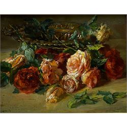 Catherine M Wood (British 1857-1939): Still Life of Roses, oil on panel signed 16cm x 22cm