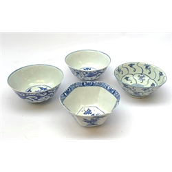  Four blue and white Chinese tea bowls, comprising an 18th century example, with Tek Sing auction label beneath, D16cm, a pair decorated with Chinese dragons, (a/f), each with six character mark beneath, and hexagonal form example, with six character mark beneath.   
