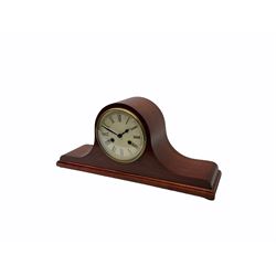 Mid-20th century Mahogany finished Tambour mantle clock with an eight-day striking movement, striking the hours and half-hours on a coiled gong, with a 5-1/2”white dial, Roman numerals and minute track, winding collets, spun bezel with convex glass.
With pendulum
