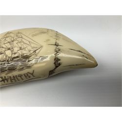 Scrimshaw style resin whale's tooth with incised decoration commemorating William Scoresby and The Baffin, Whitby, L14cm