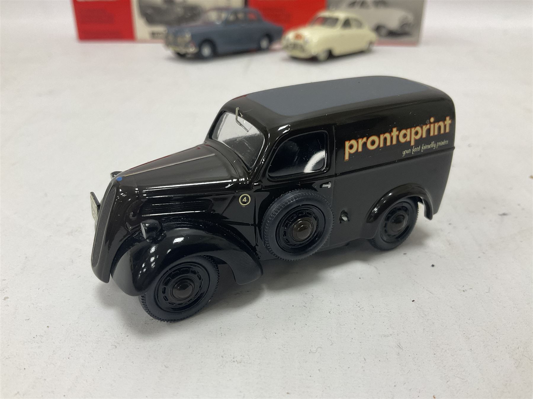 Somerville Models - three 1:43 scale die-cast vehicles comprising Volvo Amazon no.124, SAAB 92 ‘Rally’ 1950 no.119A, and Fordson 5CWT Van ‘Prontaprint’; in original boxes 