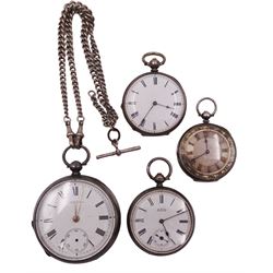 Victorian silver open face keyless lever pocket by Waltham, No. 4868433, Birmingham 1891, with silver watch chain, smaller Waltham lever pocket watch and two silver cylinder pocket watches