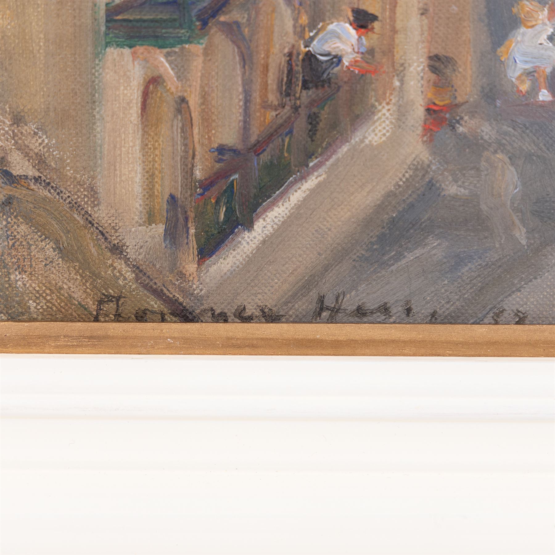 Florence Adelina Hess (Staithes Group 1891-1974): Figures at the Mouth of Cromer Pier, oil on canvas laid on to panel signed and dated '57, 30cm x 40cm