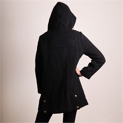 Burberry Brit - black wool duffle coat, with hood, leather toggle fastenings, flap pockets and signature check wool lining, size UK 16