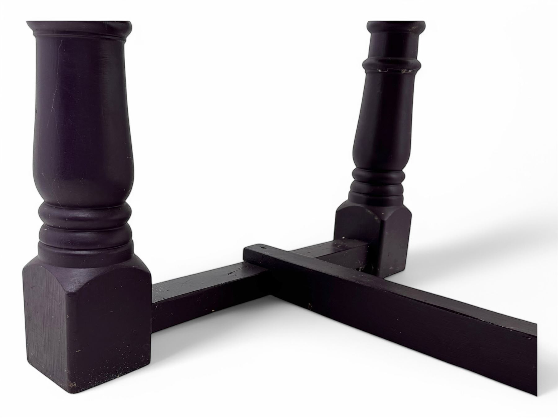 Late 20th century substantial pine refectory table, rectangular four-plank top over an indigo painted base featuring turned supports united by box stretchers