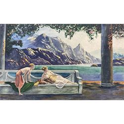 Art Deco School (Early 20th century): 'Golden Dawn' - Ladies in a Mountain Landscape, watercolour unsigned, titled on the original mount 22cm x 35cm (mounted)