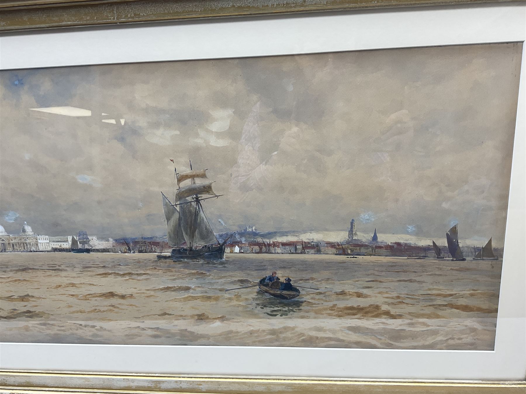 Thomas Bush Hardy RA RBA (British 1842-1897): Shipping on the Thames at 'Greenwich', looking towards the Royal Naval College, watercolour signed titled and dated 1885, 39cm x 101cm
