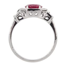 18ct white gold oval ruby, baguette and round brilliant cut diamond cluster ring, stamped 750, rugby approx 2.40 carat, total diamond weight approx 0.75 carat