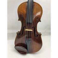 German trade violin c1900 stamped PAGANINI with 35.5cm two-piece maple back and ribs and spruce top L58.5cm overall; in carrying case; and another German trade violin for spares or repair; in carrying case (2)