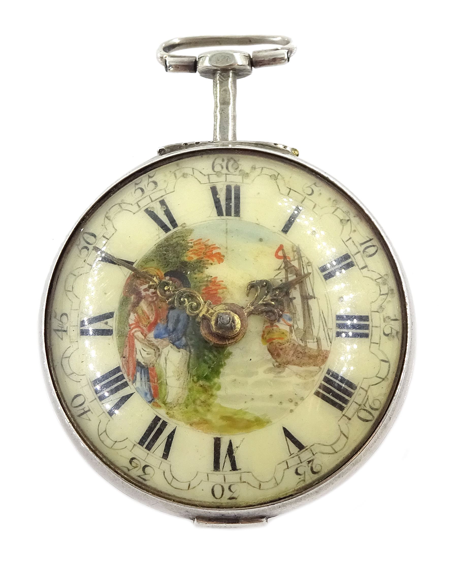 George III silver repousse pair cased verge fusee pocket watch by Samson, London,  No. 20384, square baluster pillars, the enamel polychrome dial depicting a sailor and sweetheart saying farewell, Roman hours and outer Arabic minute ring, inner case by James Richards, London 1793, the outer case depicting figures in an interior setting, with scroll borders interior scene makers mark T.P possibly Thomas Pepper