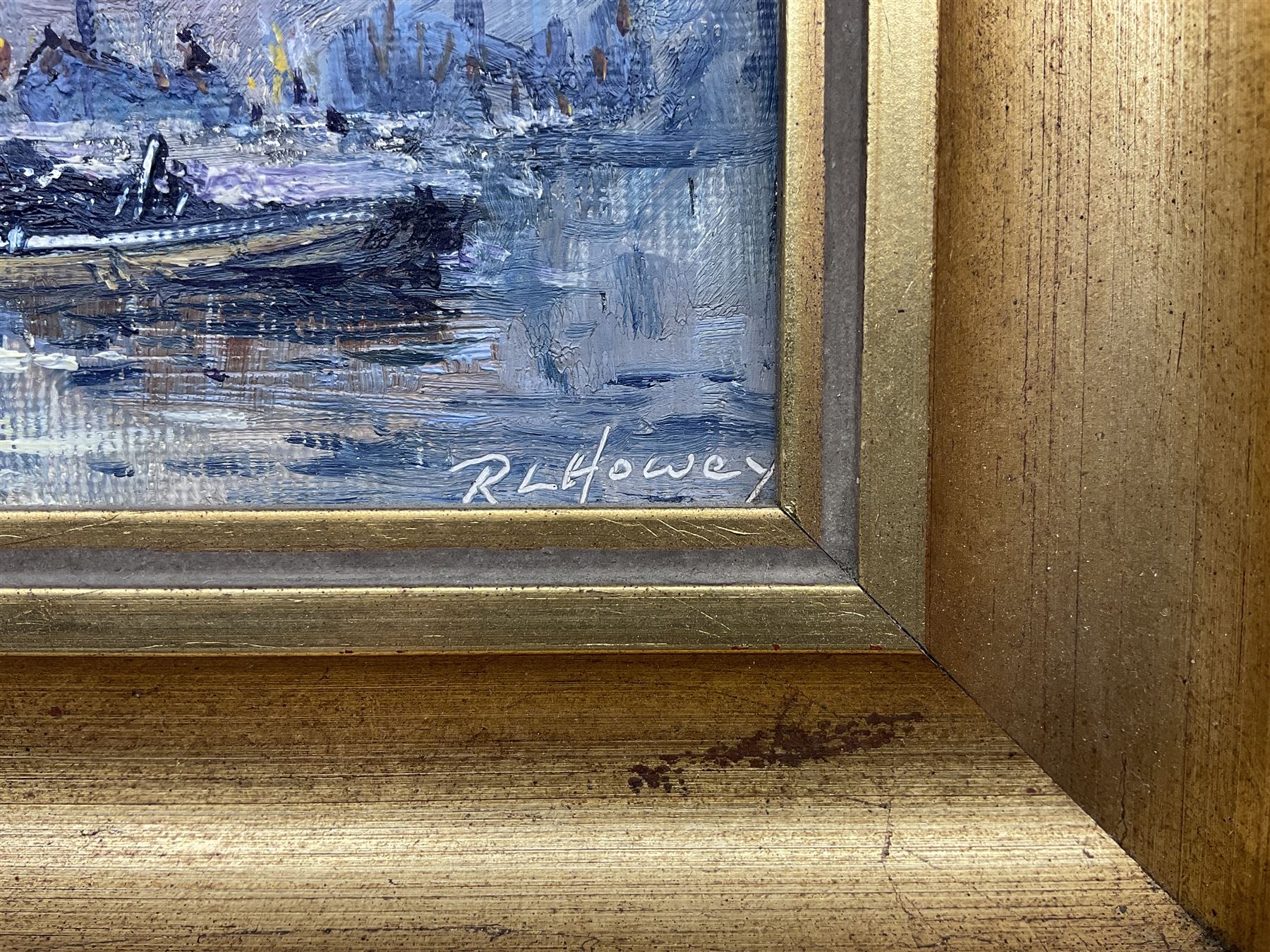 Robert Leslie Howey (British 1900-1981): Cobles off Tate Hill Pier Whitby, oil on canvas board signed 11cm x 16cm