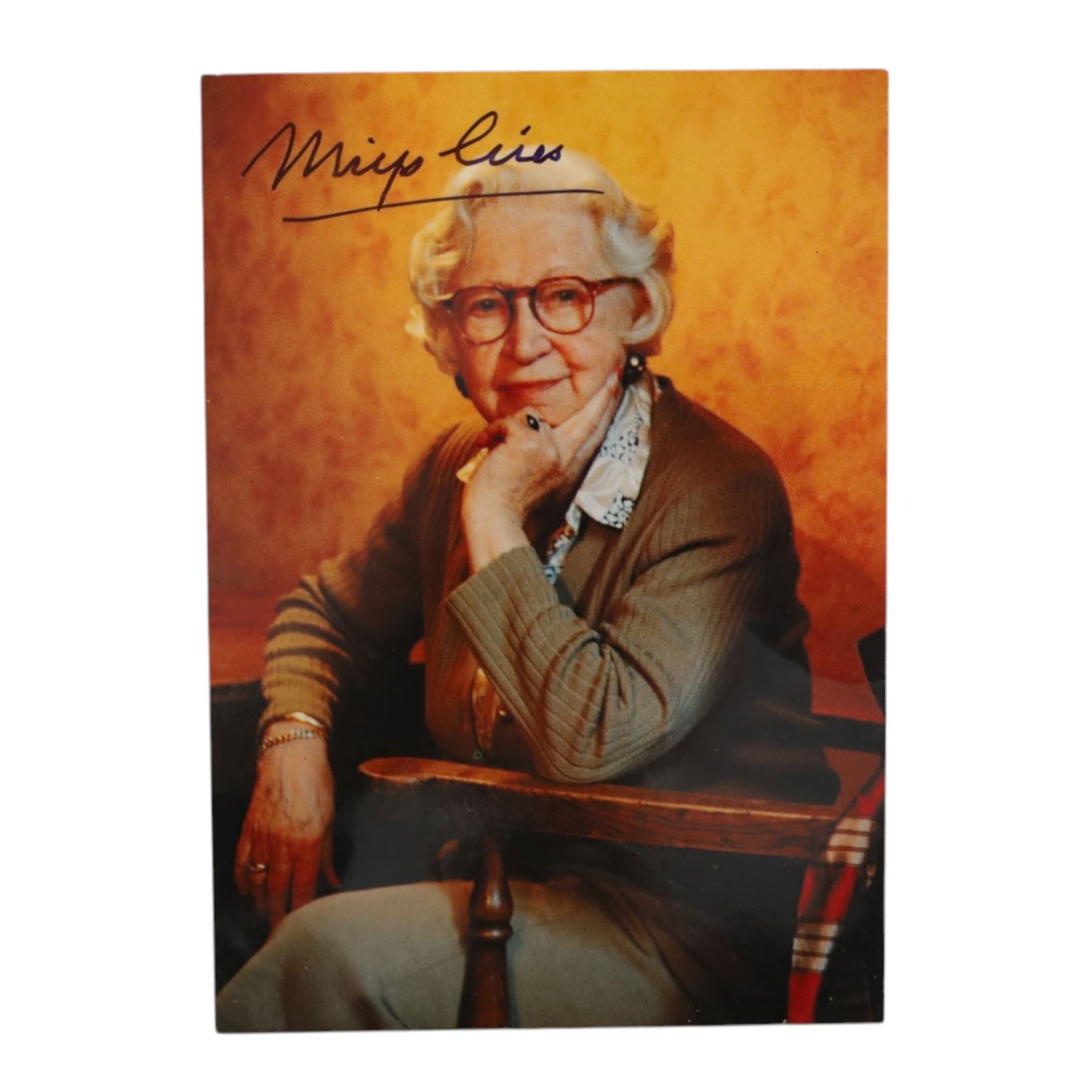 Anne Frank; letter, signed photo postcard and envelope from Miep Gies regarding her experiences with Anne Frank, the letter is dated and hand signed by Miep Gies on her official letterhead 
Hermine 'Miep' Gies was one of the Dutch citizens who hid Anne Frank and her family together with four other Dutch Jews from the Nazis in an annex above Otto Frank's business premises during World War II