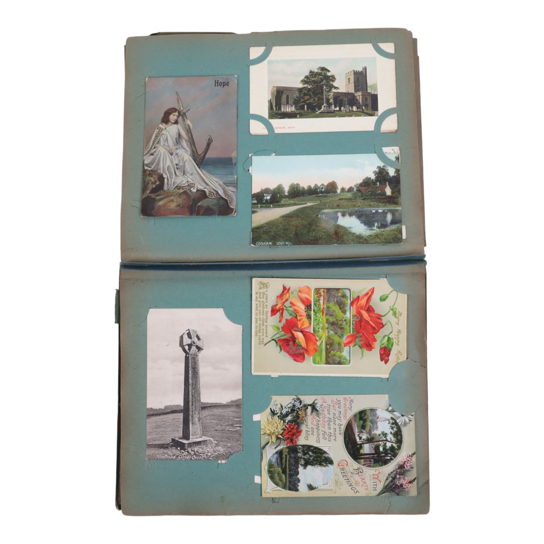 Collection of early 20th century postcards and greetings cards, including WWI embroidered silk Christmas card, black and white family photographs, 1920s birthday cards, black and white and colour postcards of Margate, Ramsgate, Blackpool etc, housed in three postcard albums