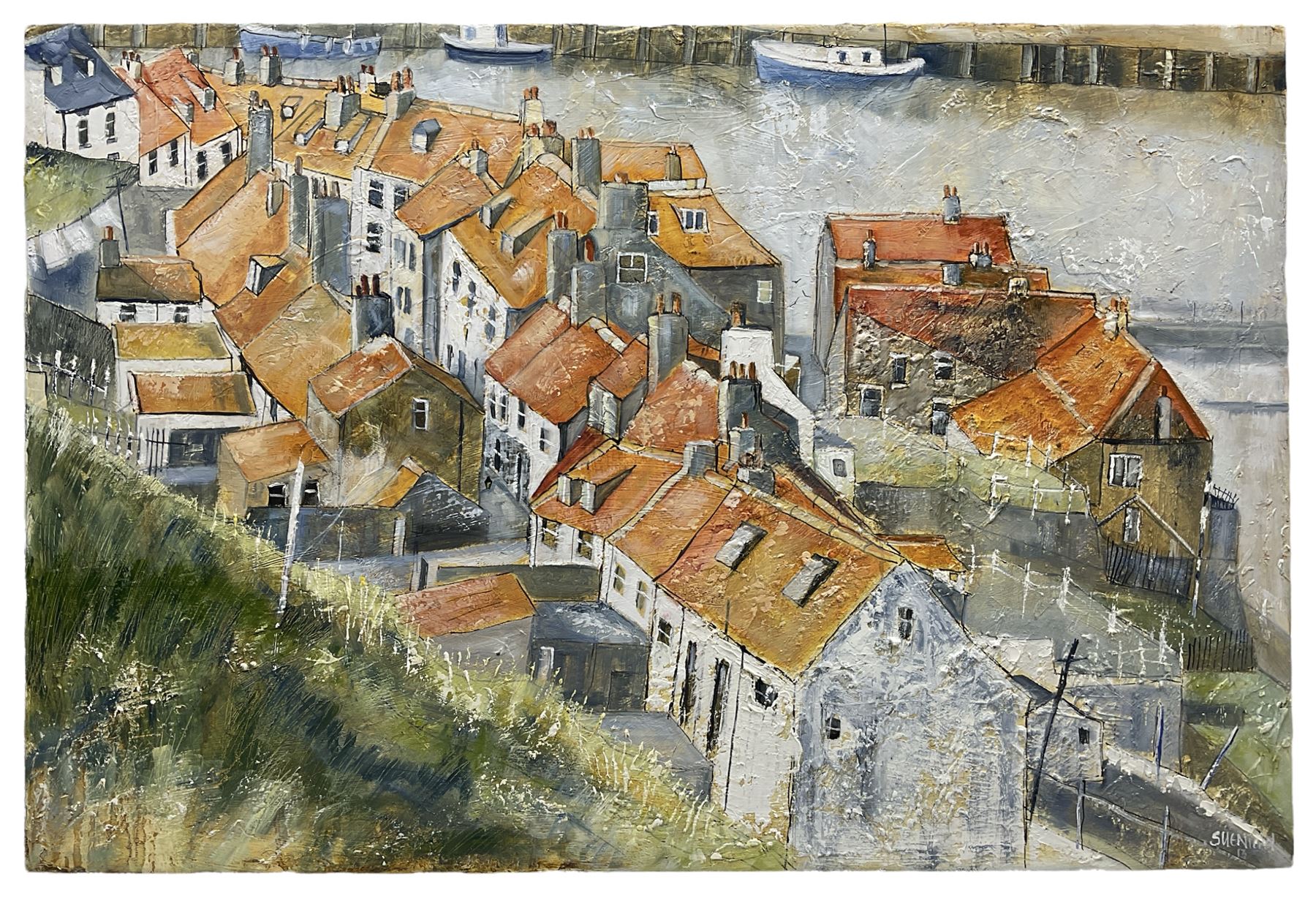 Sue Nichol (Northern British Contemporary): Roof Tops Henrietta Street Whitby, oil on canvas signed and dated '13, 60cm x 90cm (unframed)